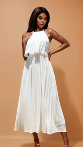 GG4119 Cream Pleated Midi Dress